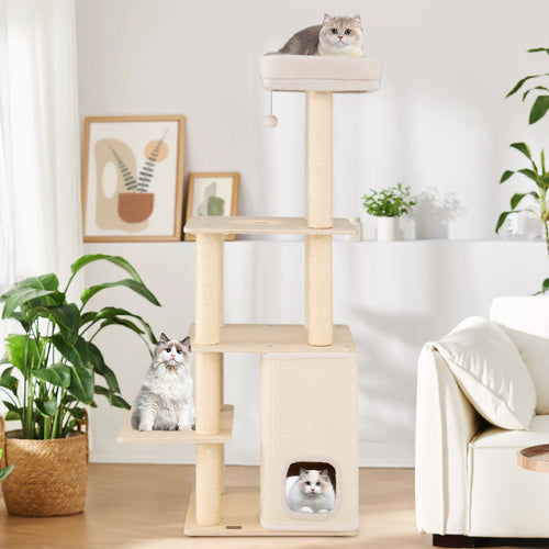 63 Inch Tall Wooden Cat Tree with 2-Story Condo and Plush Padded Top Perch-Natural