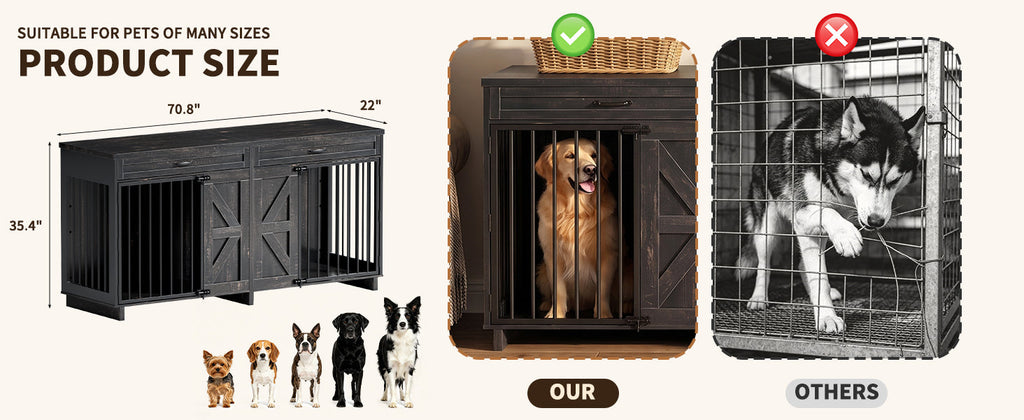 Dog Crate Furniture TV Stand - 2-in-1 Wooden Dog Kennel with Storage