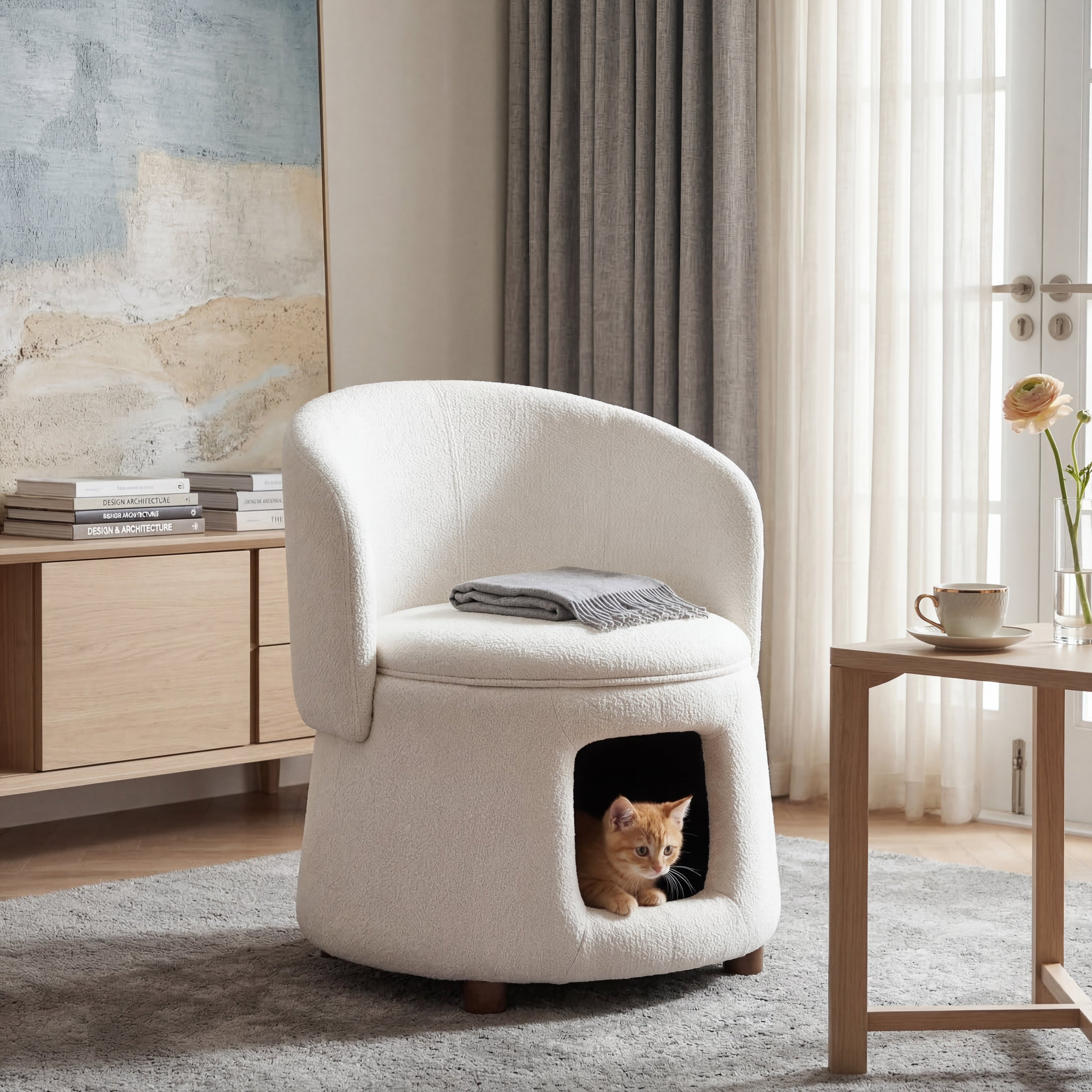 Beige Pet Friendly Chair with Hidden Pet Nook